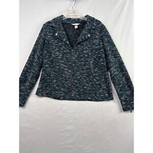Christopher & Banks Moto Jacket Womens Large Teal Black Tweed Zip Knit Career